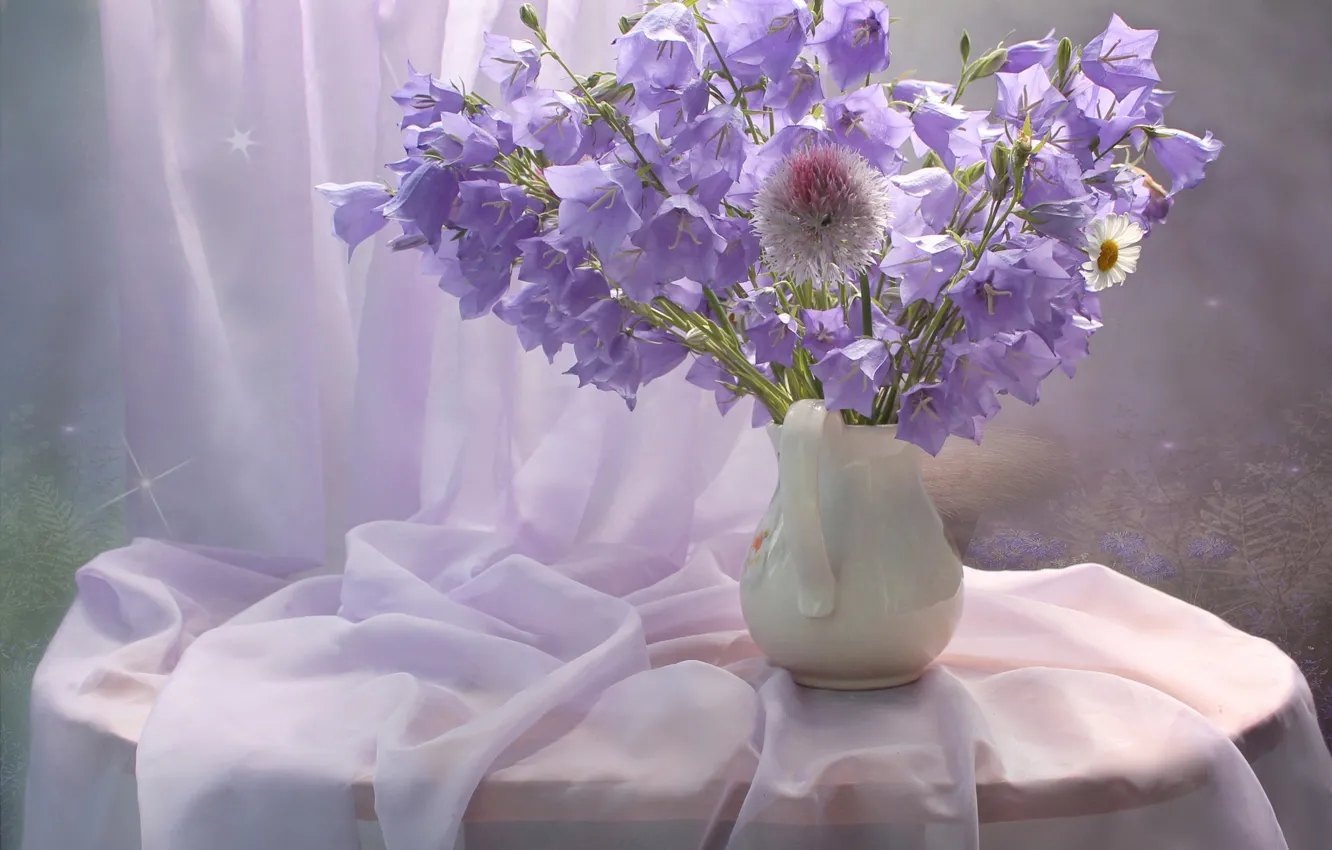 Фото обои цветы, стол, ромашка, фиолетовые, ваза, колокольчики, занавеска, тюль