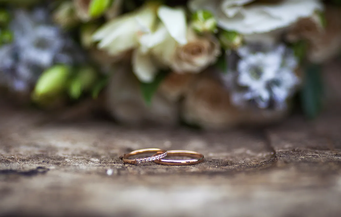 Фото обои макро, букет, кольца, свадьба