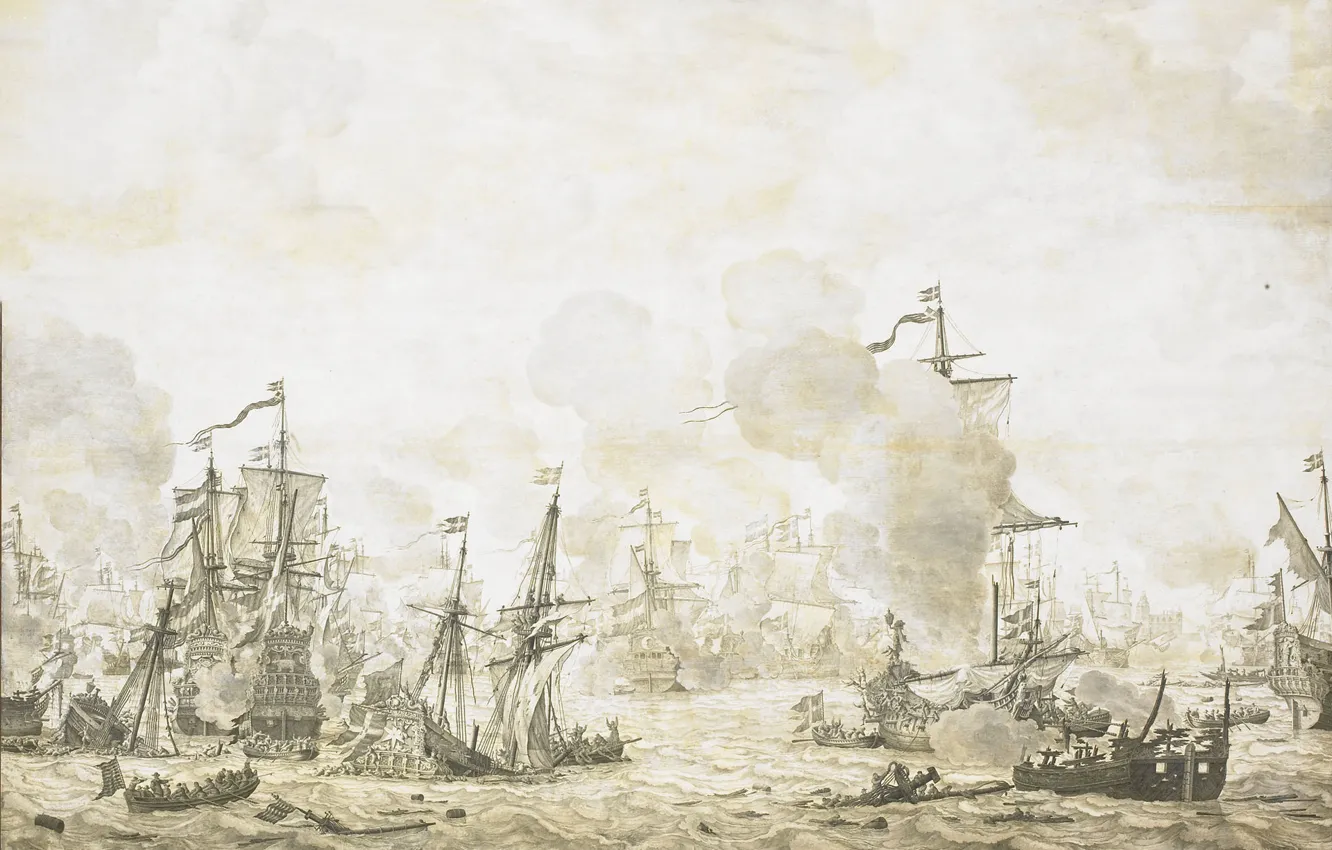 Фото обои рисунок, чернила, Willem van de Velde I, Виллем ван де Велде Старший, Эпизод из битвы …