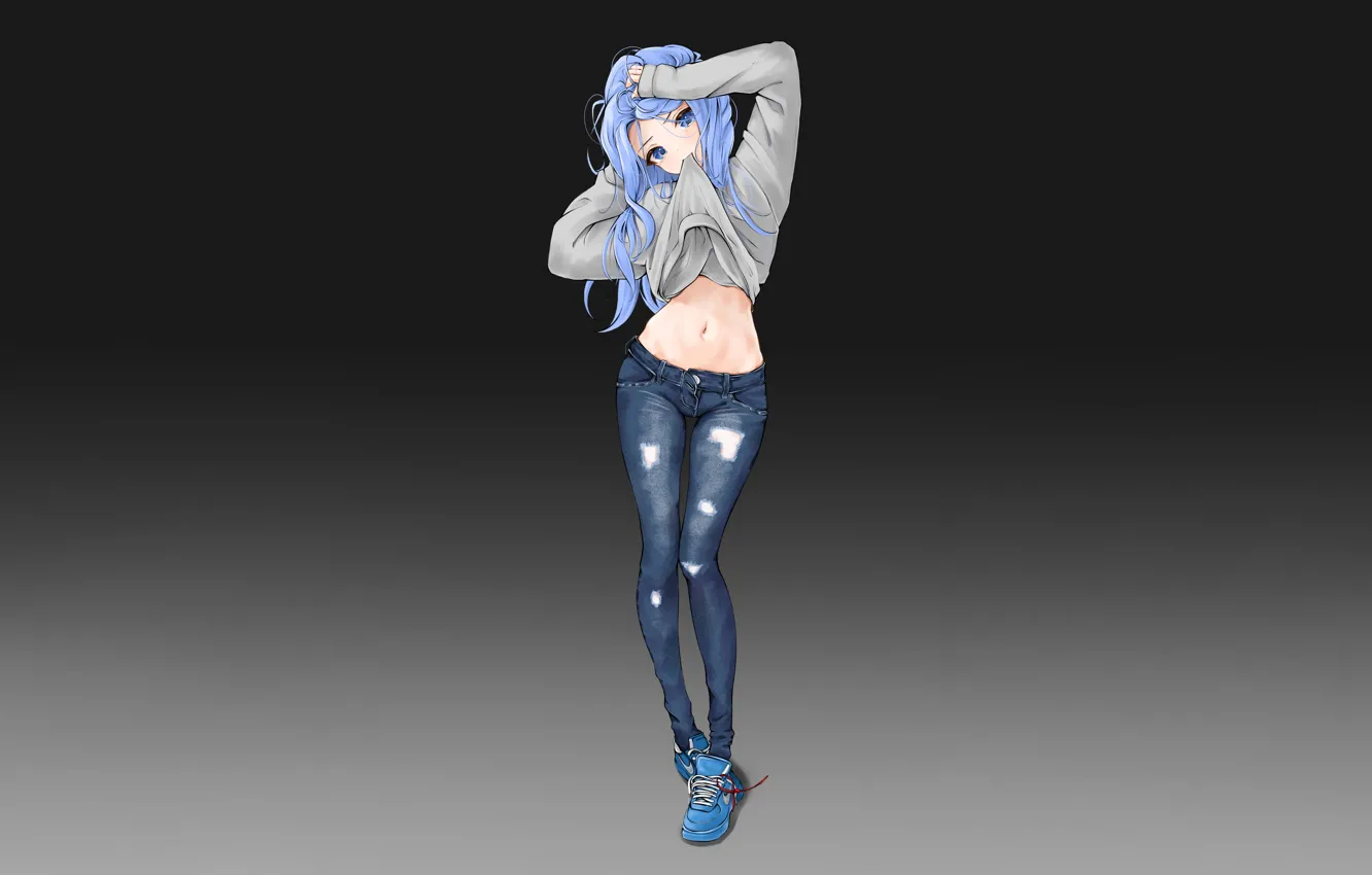 Фото обои girl, sexy, long hair, anime, blue eyes, beautiful, pretty, jeans