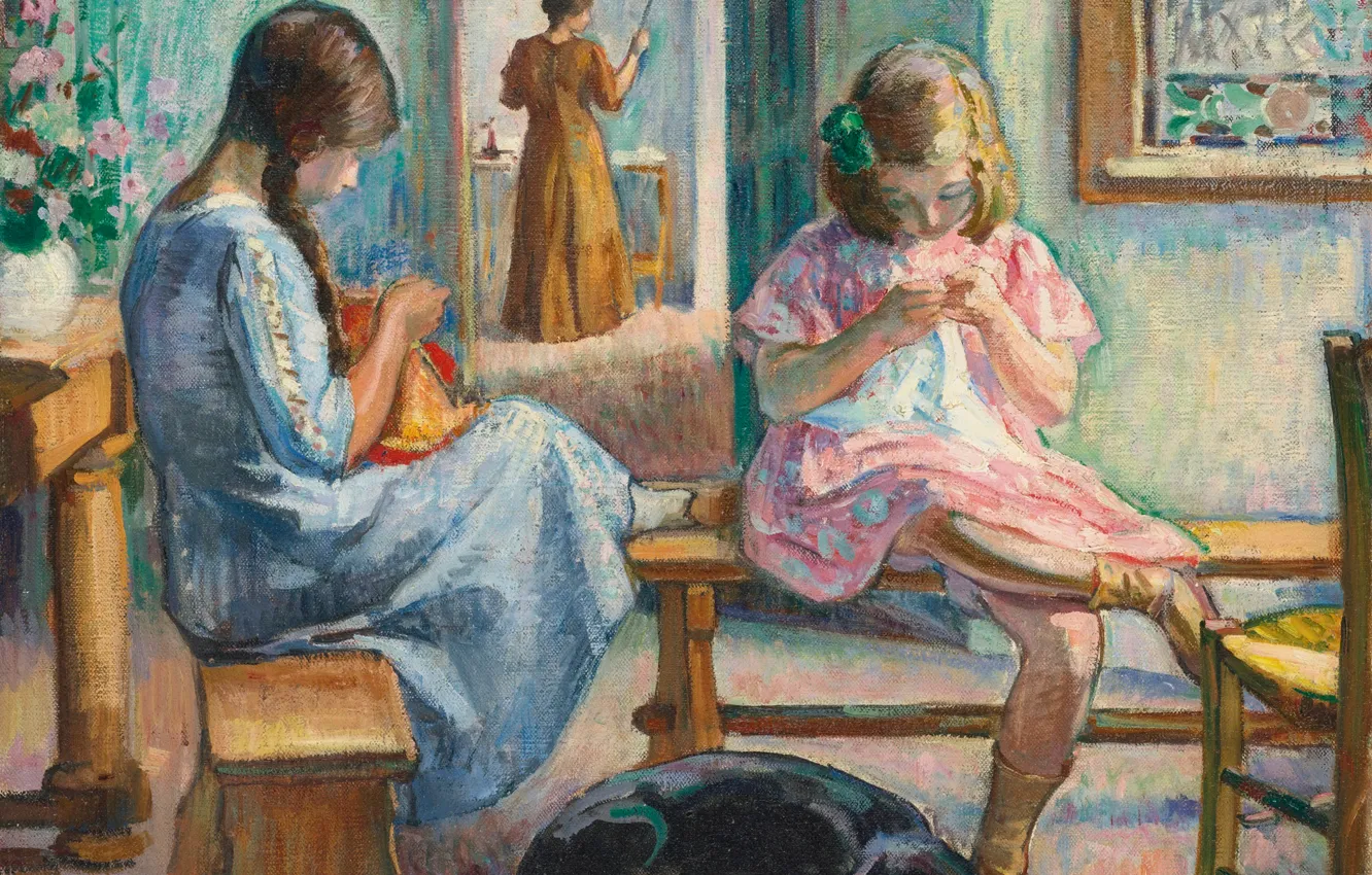 Фото обои комната, девочки, собака, картина, жанровая, Анри Лебаск, Sewing Girls