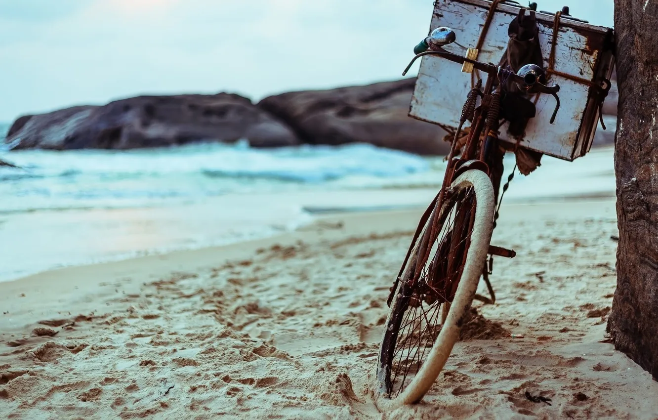 Фото обои Beach, Wallpaper, Bike, Sand, Background, Bicycle, Ocean, Sea