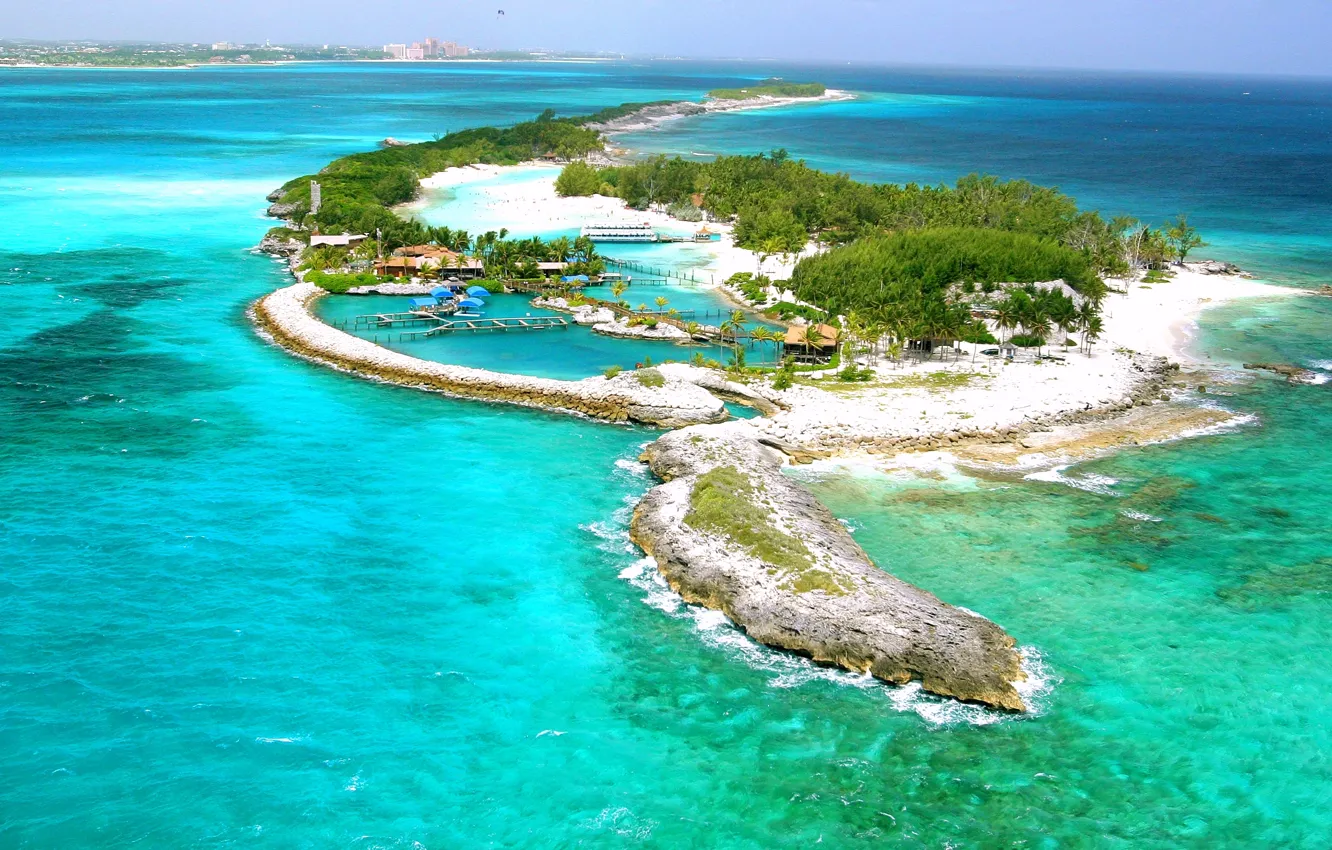 Фото обои пальмы, океан, остров, Багамы, Nassau, blue lagoon, isl
