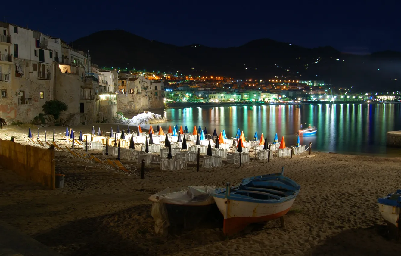 Фото обои ночь, огни, Италия, Сицилия, Чефалу