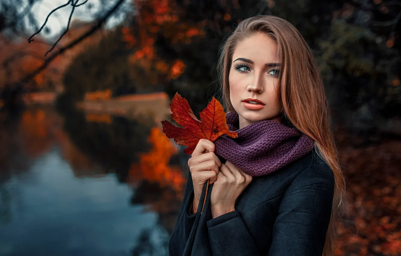 Фото обои осень, девушка, природа, лист, портрет, Damian Piórko