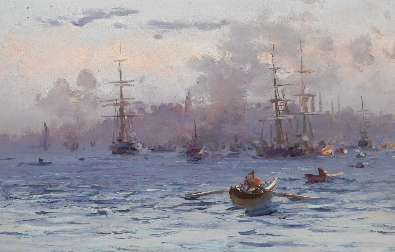 Фото обои пейзаж, пролив, лодка, корабль, картина, Fausto Zonaro, Фаусто Зонаро, Мыс Серальо. Стамбул