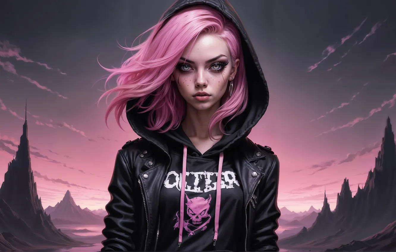 Фото обои girl, pink hair, face, punk, AI Art