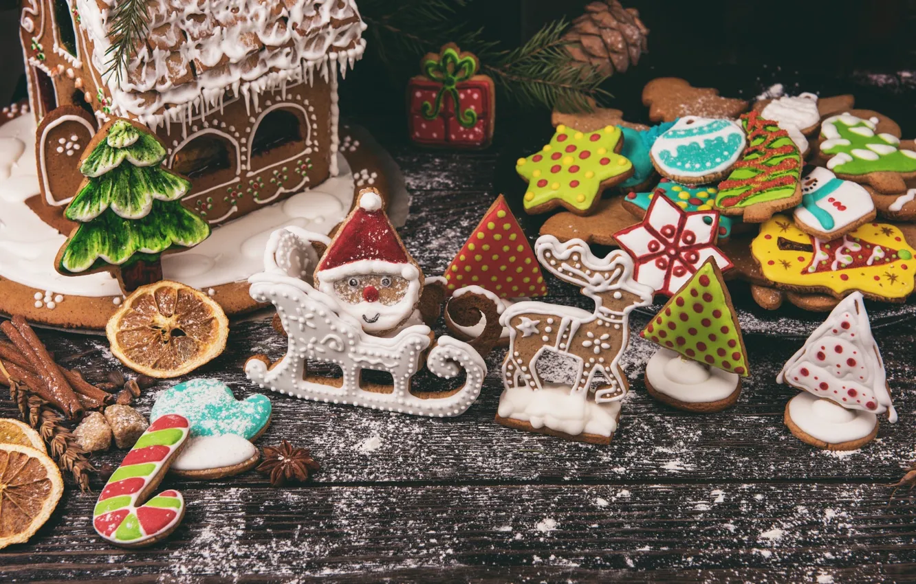 Фото обои ветки, праздник, доски, рождество, печенье, сахар, ёлка, шишки