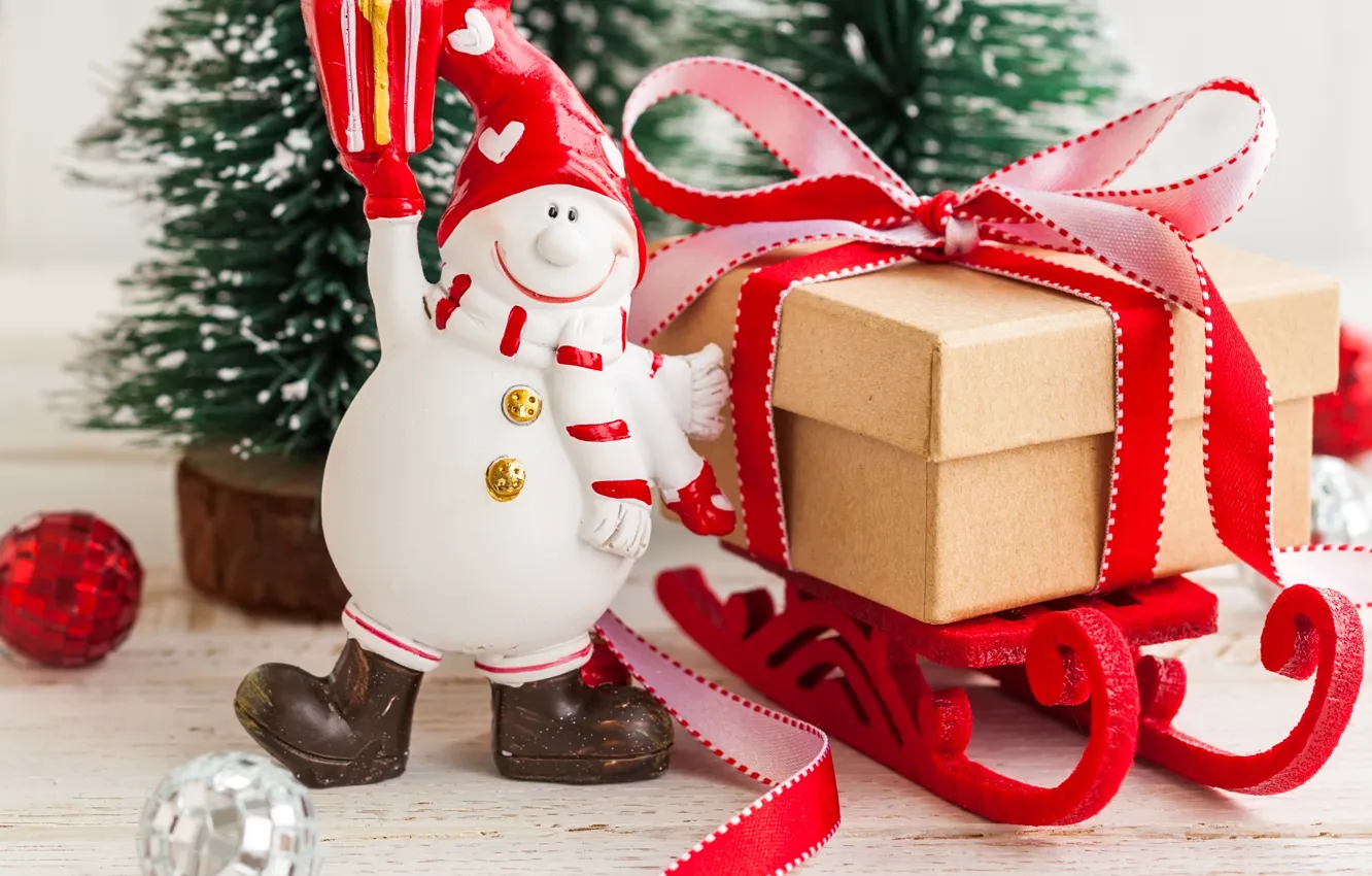 Фото обои украшения, елка, Новый Год, Рождество, подарки, снеговик, Christmas, Merry Christmas