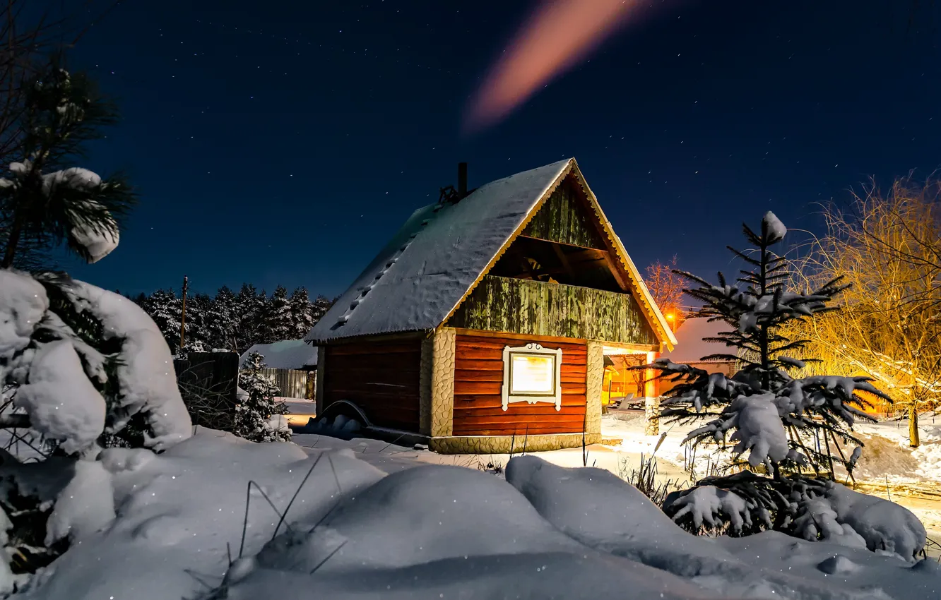 Фото обои зима, лес, снег, пейзаж, ночь, природа, дом, ели