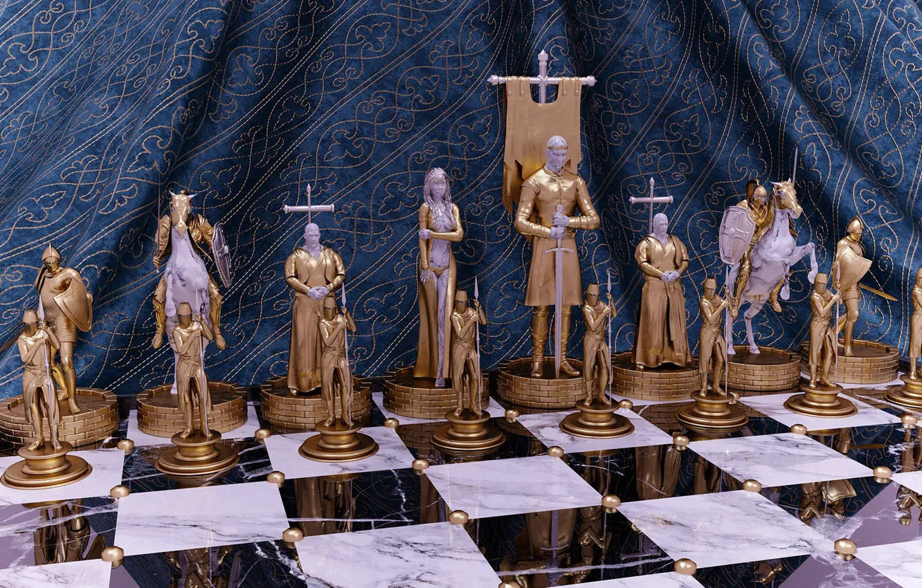 Фото обои отражение, шахматы, мрамор, черное и белое, портьера, золотые фигуры