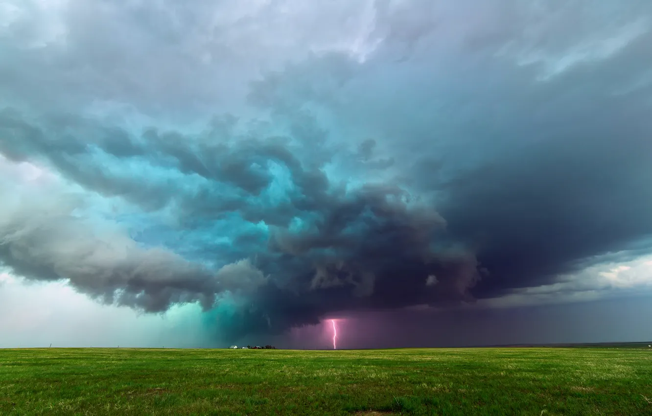 Фото обои тучи, шторм, молния, поля, Колорадо, США, ферма, равнины