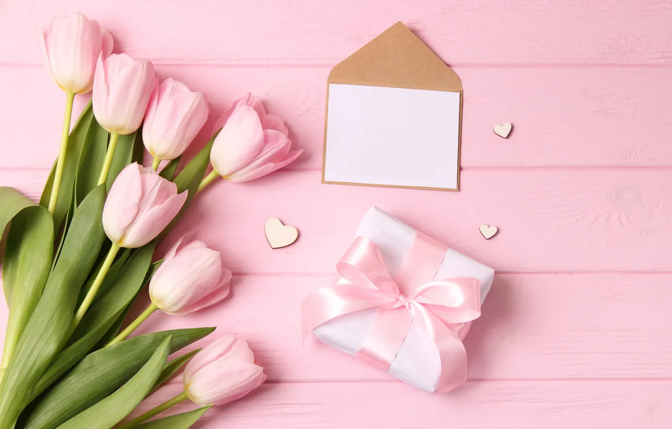 Фото обои цветы, подарок, букет, тюльпаны, розовые, wood, pink, flowers