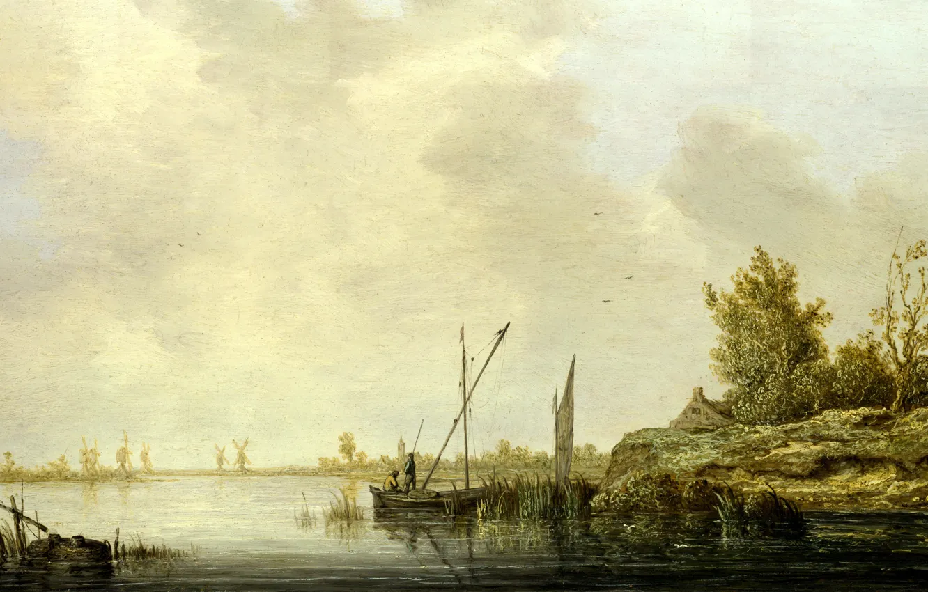 Фото обои природа, лодка, картина, Альберт Кёйп, Aelbert Jacobsz Cuyp, Речной Пейзаж с Ветряными Мельницами на Горизонте