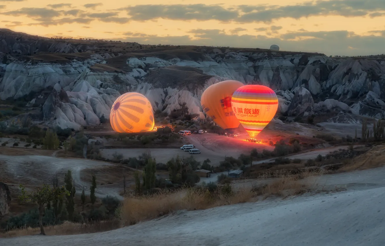 Фото обои пейзаж, природа, воздушные шары, скалы, утро, Турция, Каппадокия, Andrey Chabrov