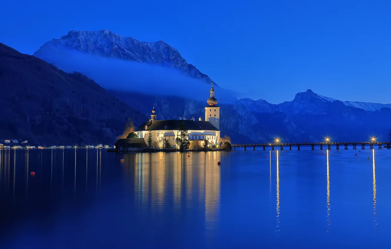 Фото обои небо, горы, ночь, природа, город, Австрия, Альпы, дымка