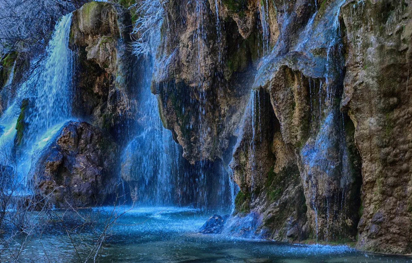 Фото обои брызги, скалы, водопад, поток