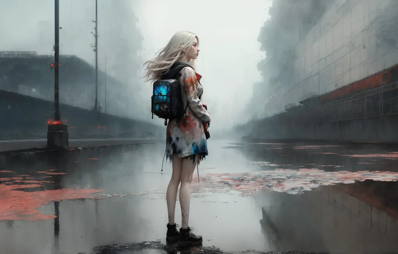 Фото обои long hair, water, blonde, reflection, digital art, standing, watercolor, looking away
