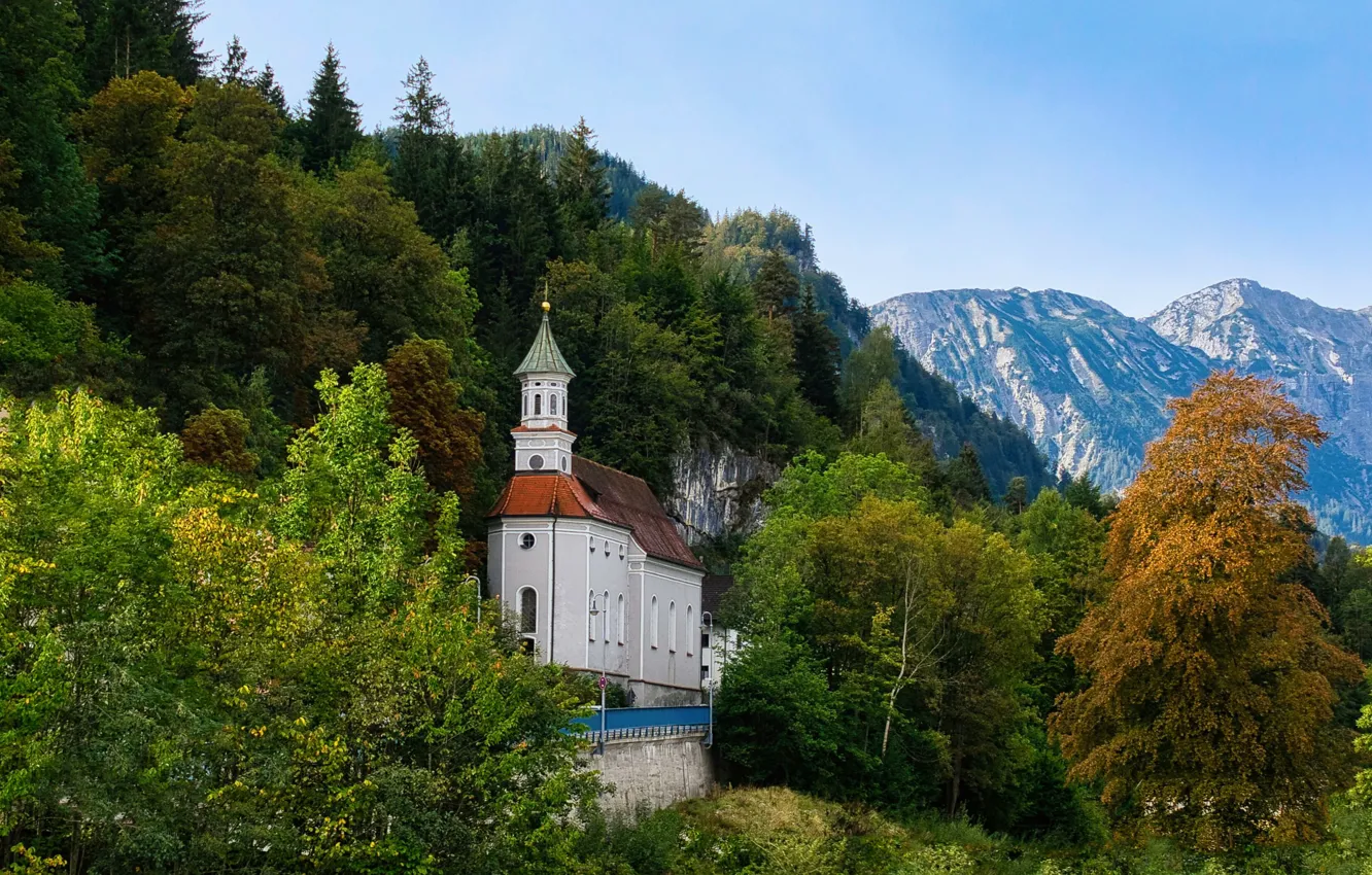 Фото обои пейзаж, горы, город, Германия, Бавария, церковь, леса, Фюссен