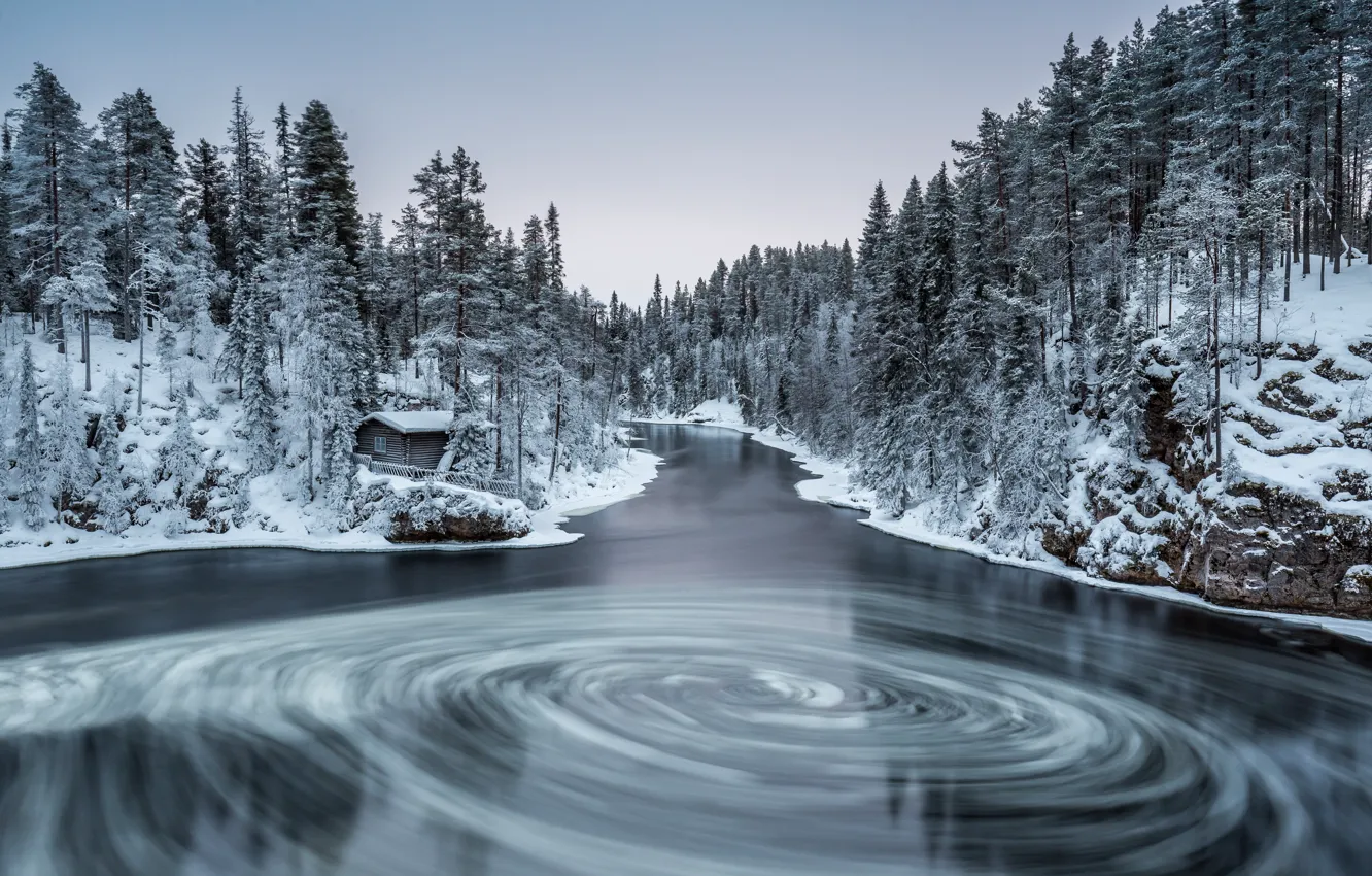 Фото обои зима, лес, природа, река, finland, kuusamo, myllykoski