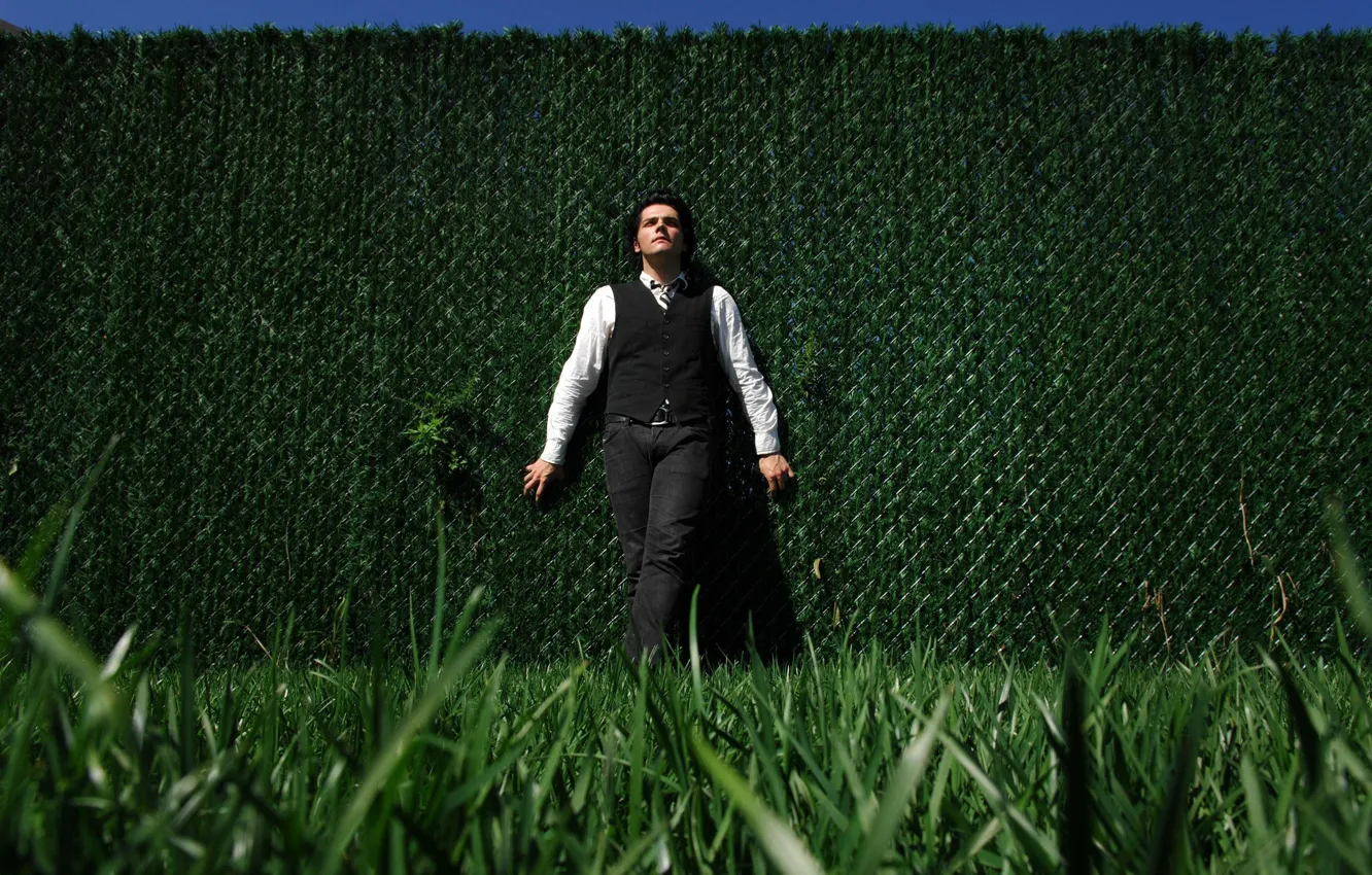 Фото обои зелень, трава, стена, gerard way, my chemical romance, джерард уэй