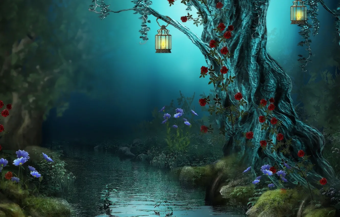 Фото обои цветы, ночь, природа, ручей, фонари, волшебный лес, старое дерево