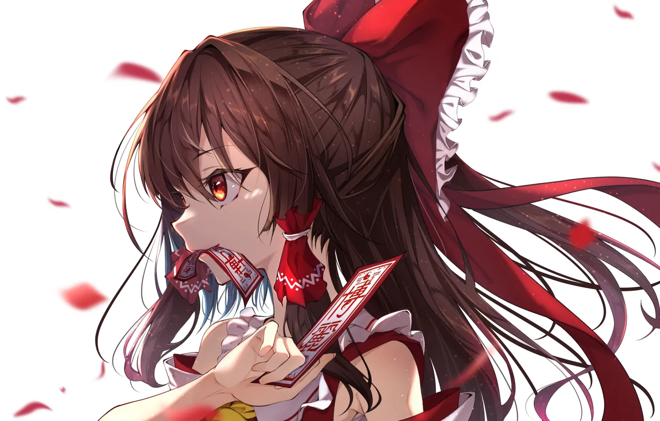Фото обои девушка, лепестки, Touhou Project, Reimu Hakurei, офуда
