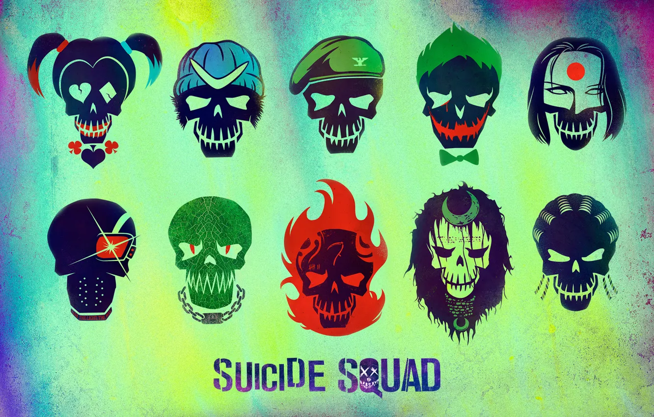 Фото обои Slipknot, Joker, Diablo, Katana, Deadshot, Harley Quinn, Killer Croc, Boomerang