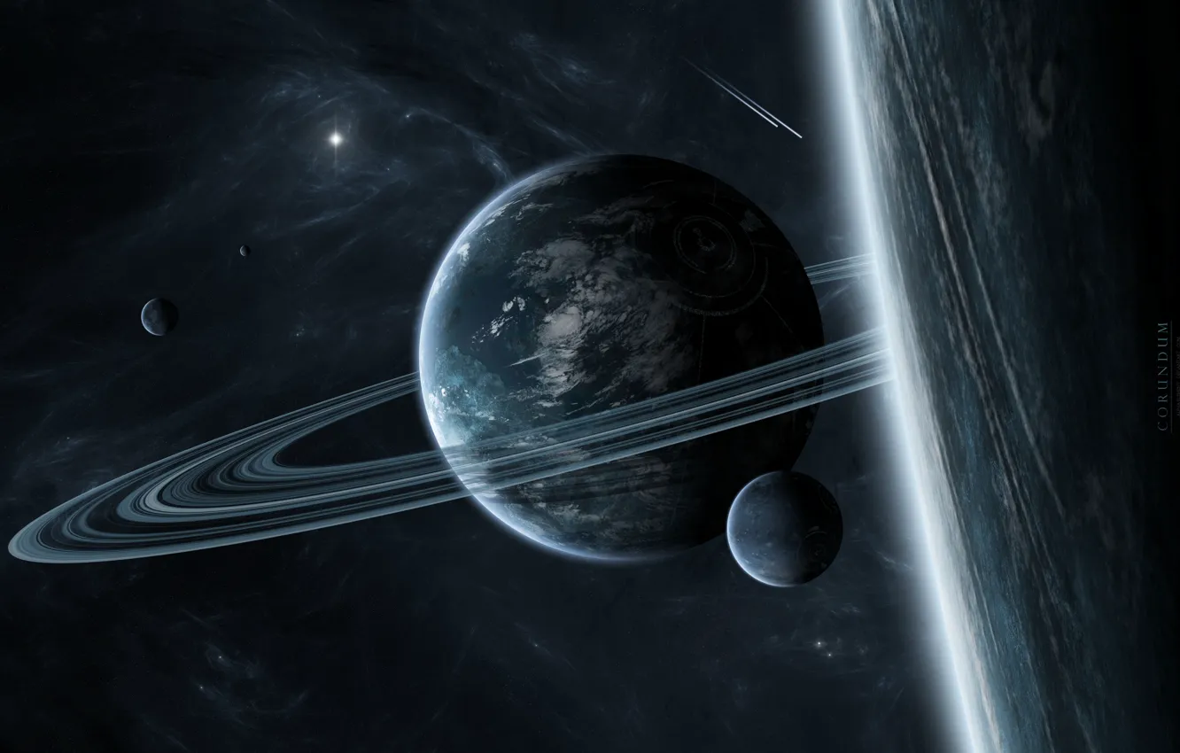 Фото обои планеты, кольца, спутники, звездная система, межзвездный газ