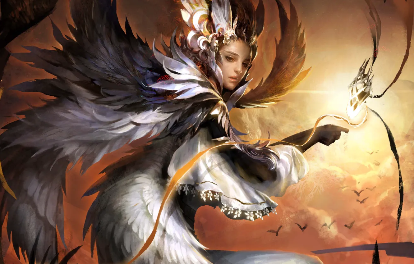 Фото обои девушка, облака, птицы, магия, крылья, арт, legend of cryptids