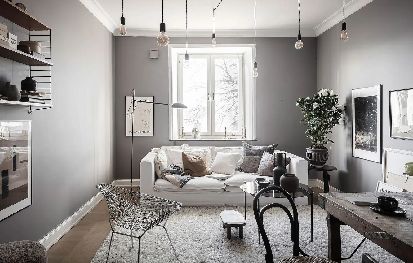 Фото обои дизайн, интерьер, картины, декорации, софа, столовая, scandinavian living room, by Coco lapines