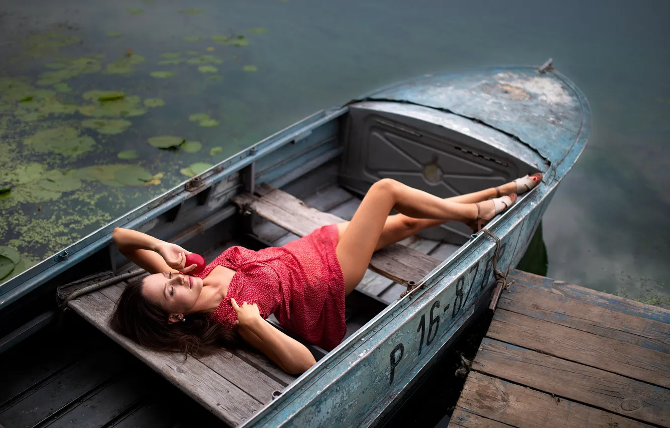 Фото обои девушка, nature, water, lake, model, women, brunette, boat