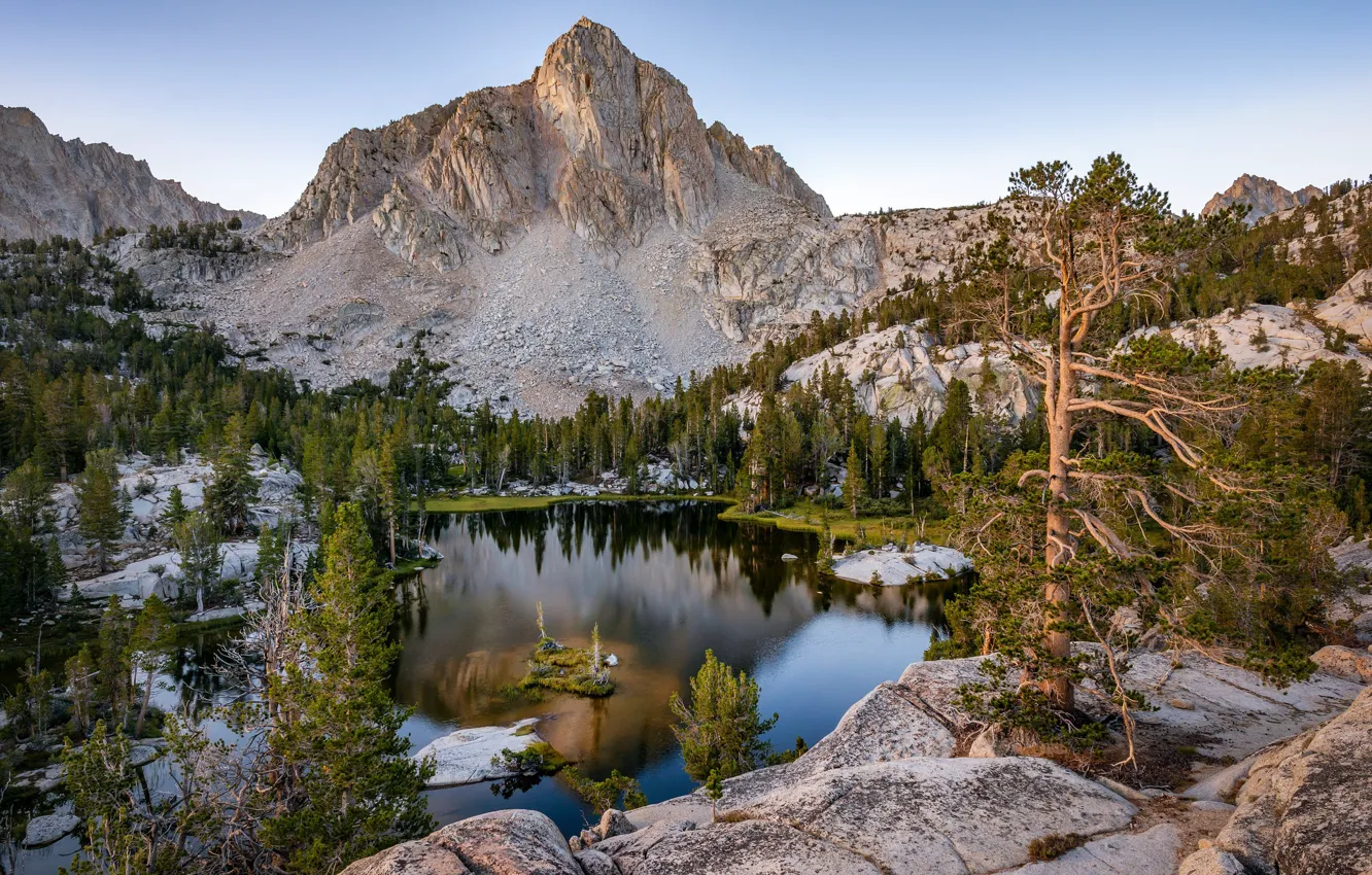 Фото обои деревья, горы, озеро, Калифорния, вершина, сосна, California, Сьерра-Невада
