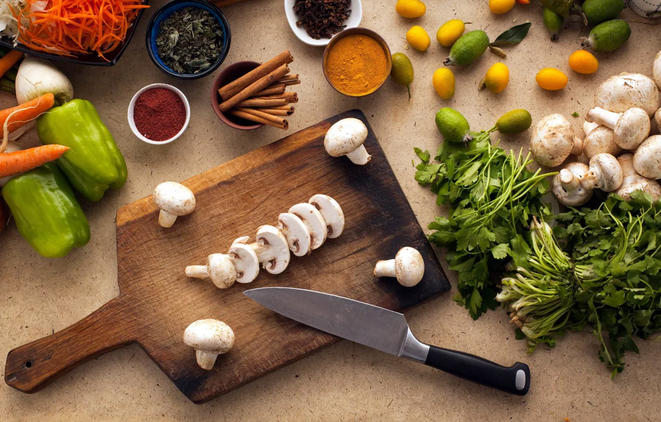 Фото обои зелень, грибы, нож, доска, перец, овощи, лимоны, специи