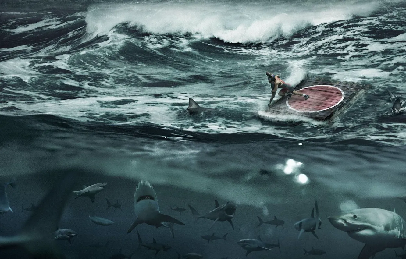 Фото обои море, волны, шторм, акулы, борцы