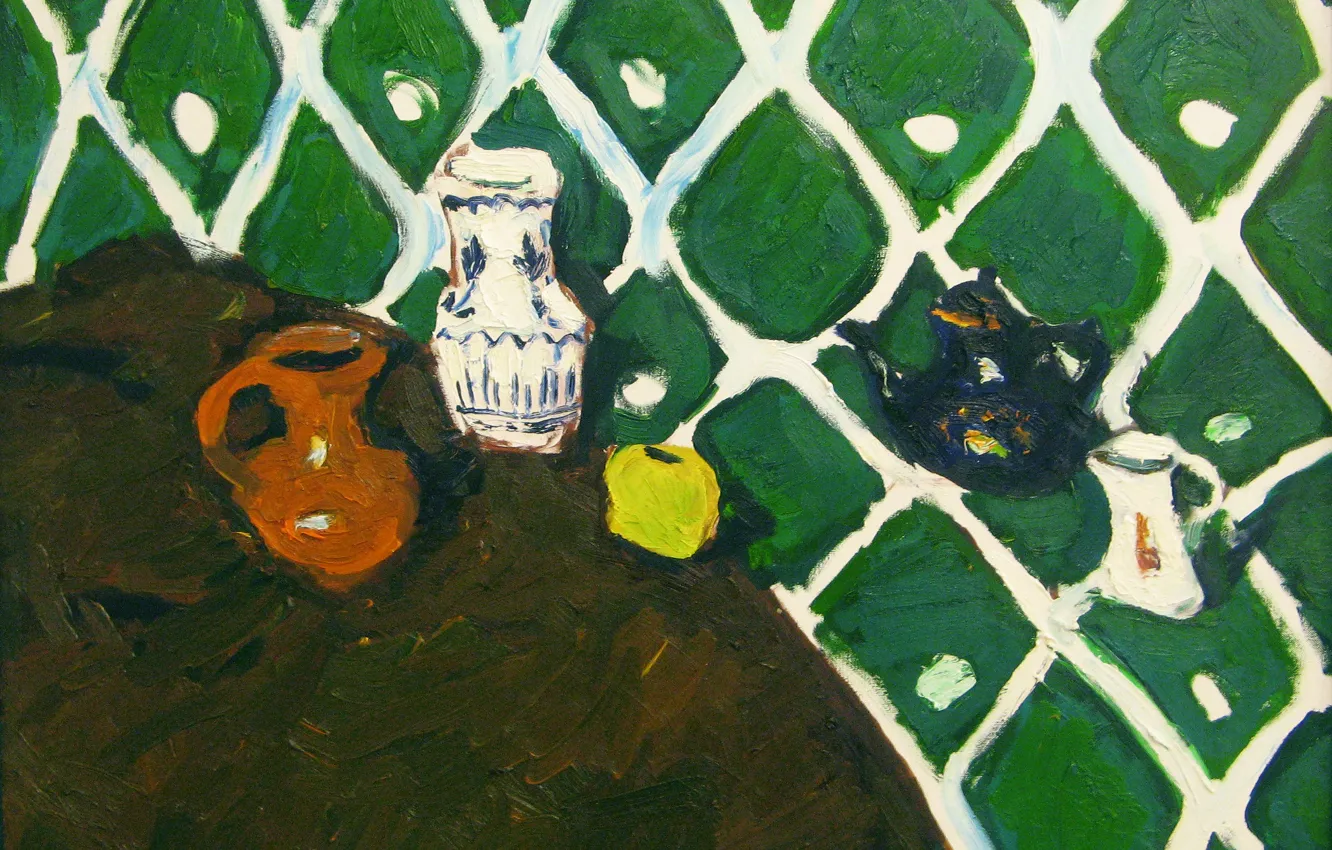 Фото обои яблоко, 2008, чайник, ваза, кувшин, натюрморт, зелёный фон, графин