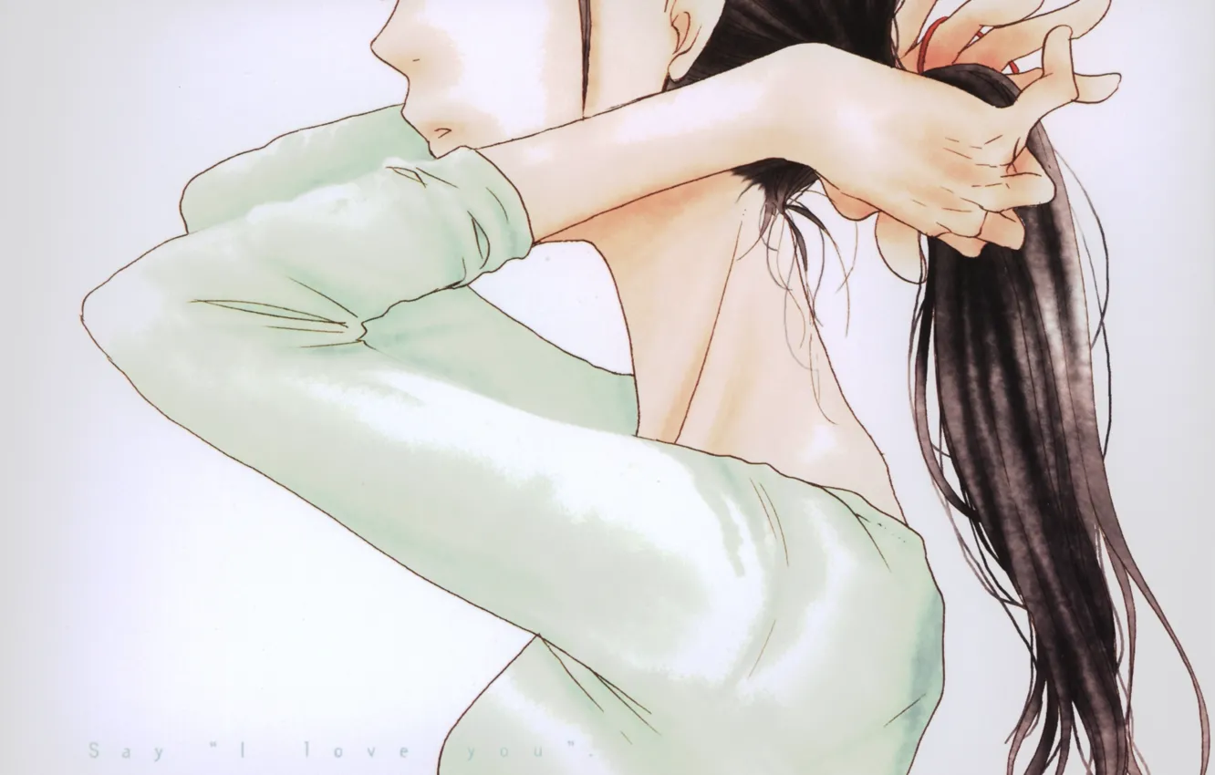 Фото обои серый фон, длинные волосы, шея, в профиль, руки за головой, Say i love you, Asami …