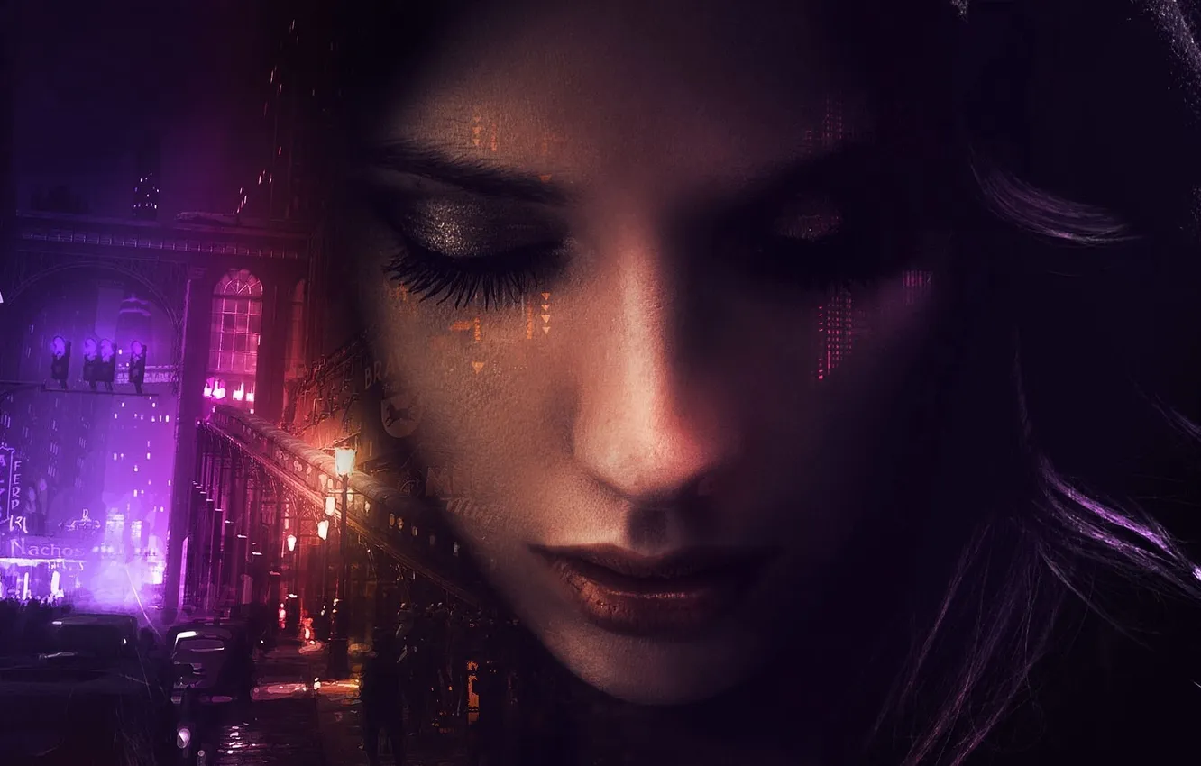 Фото обои девушка, лицо, город, фон