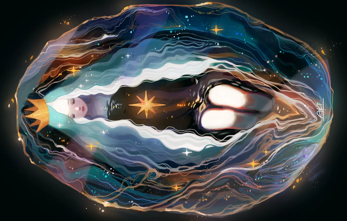 Фото обои звезды, длинные волосы, в воде, колени, mermaid, by Aki_a0623, коронв, морская царевна