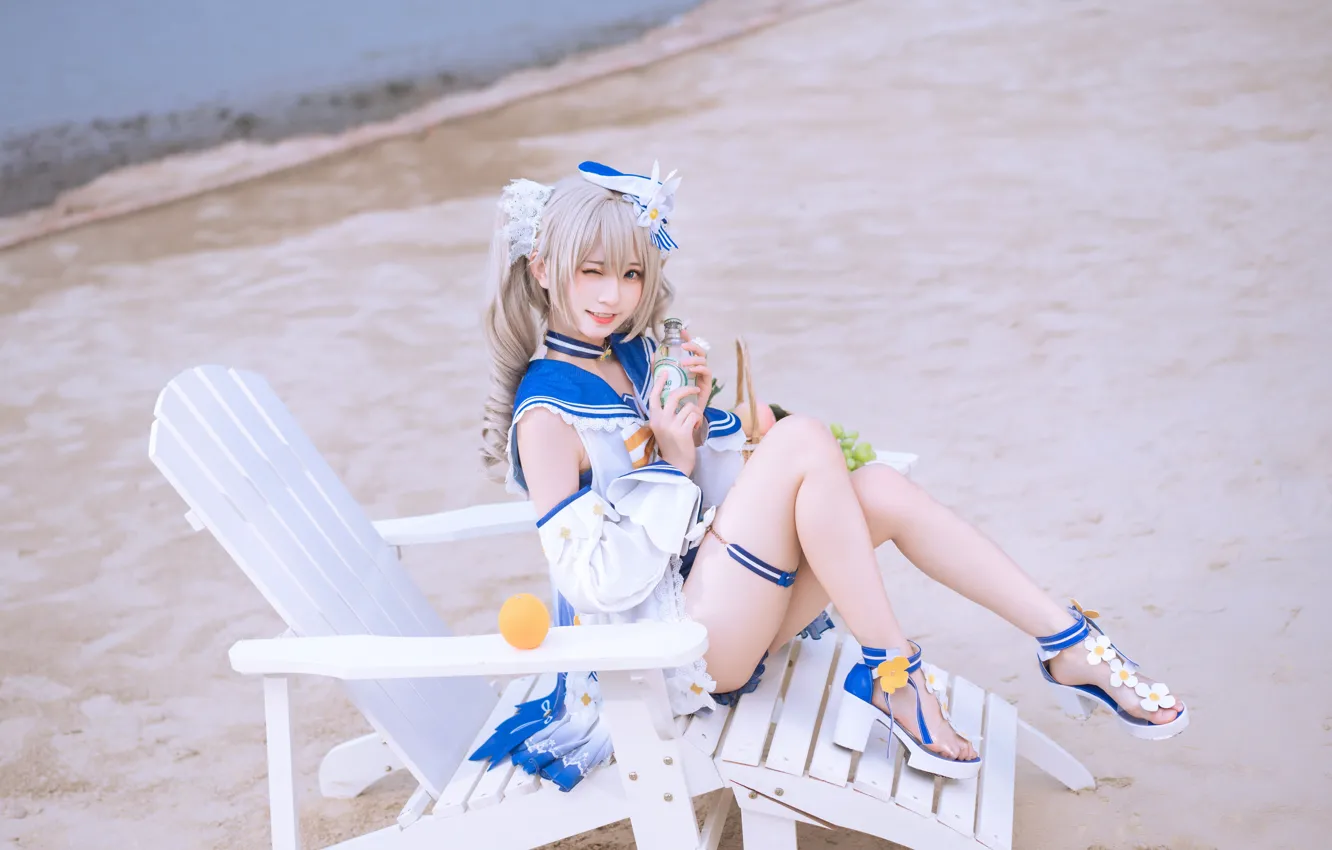 Фото обои Asian, legs, blue eyes, cosplay, bench, white dress, Barbara, Genshin Impact