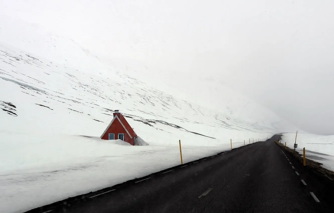 Фото обои дорога, снег, дом
