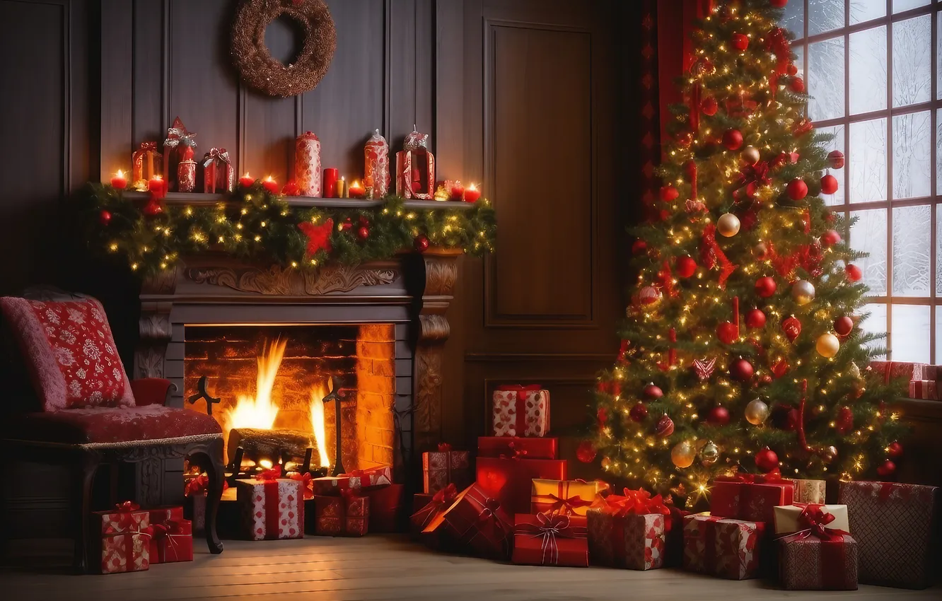 Фото обои комната, елка, интерьер, Рождество, Новый год, камин, Christmas, view