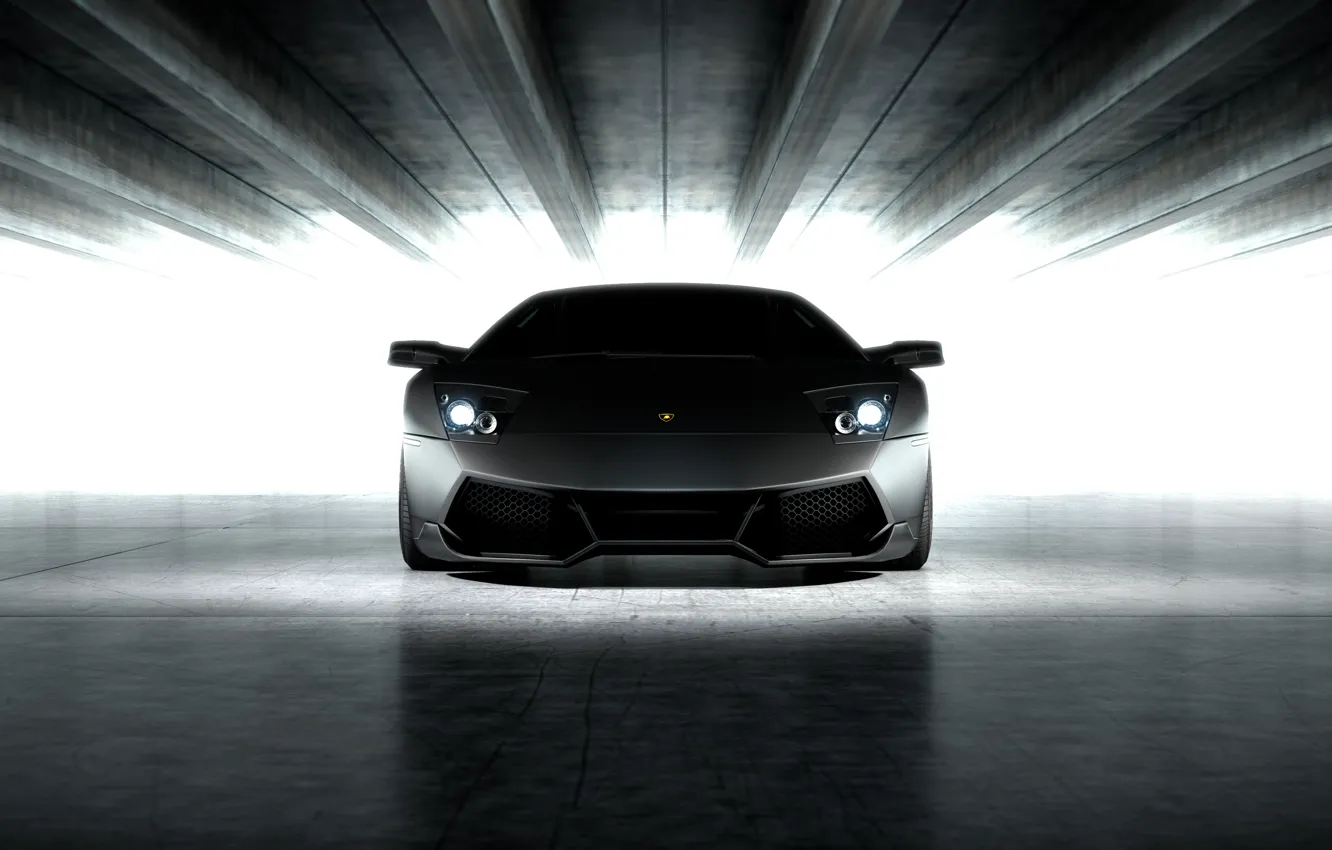 Фото обои Lamborghini, Murcielago, передок, свет фар, ламборгини, мурсиэлаго, чёрный матовый, black matte