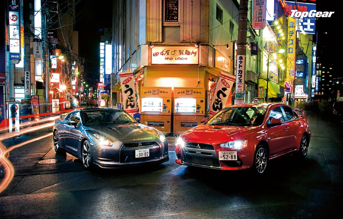 Фото обои top gear, R35, Nissan GTR, Mitsubishi Lancer Evo, Jpan