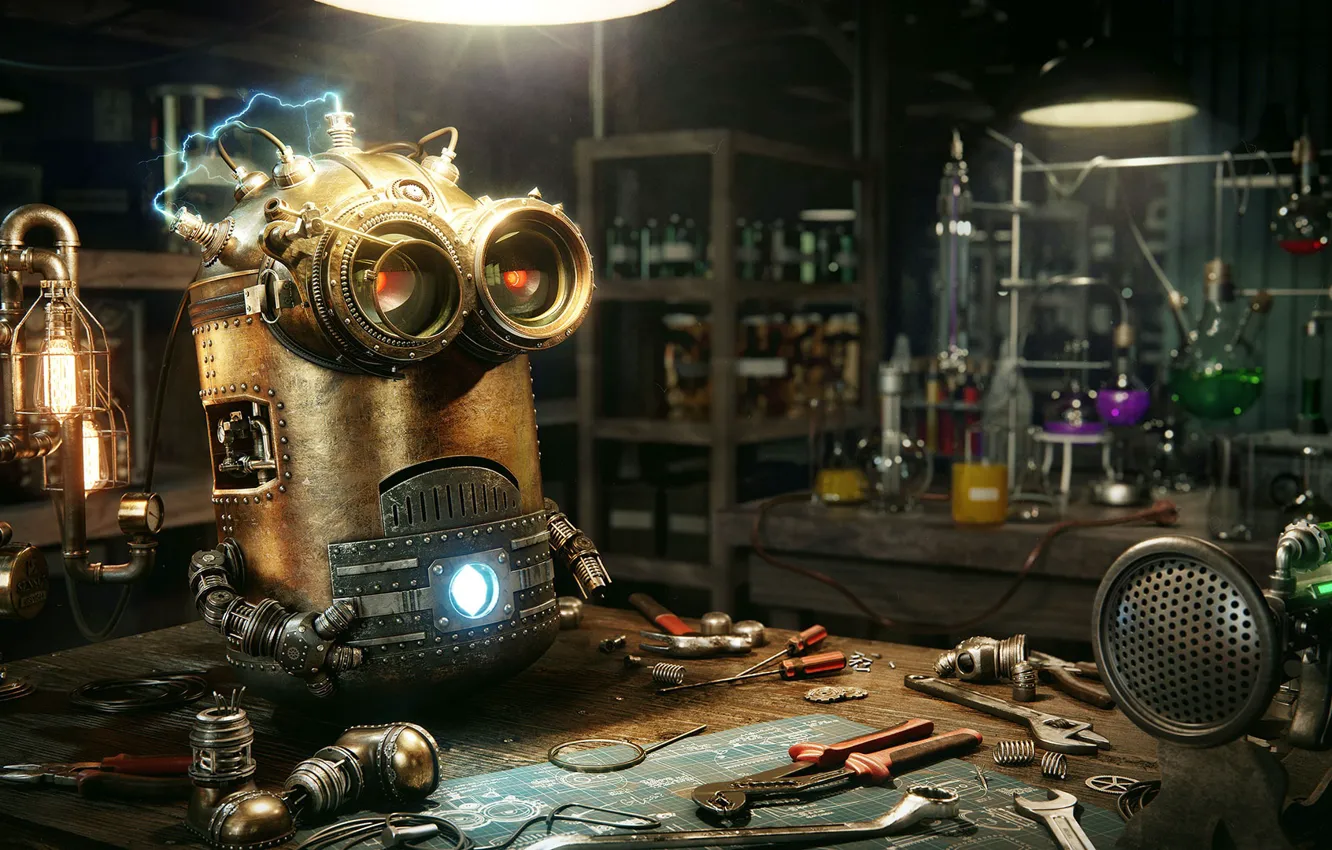 Фото обои инструменты, кабинет, лаборатория, Steampunk Minion, Дмитрий Тен