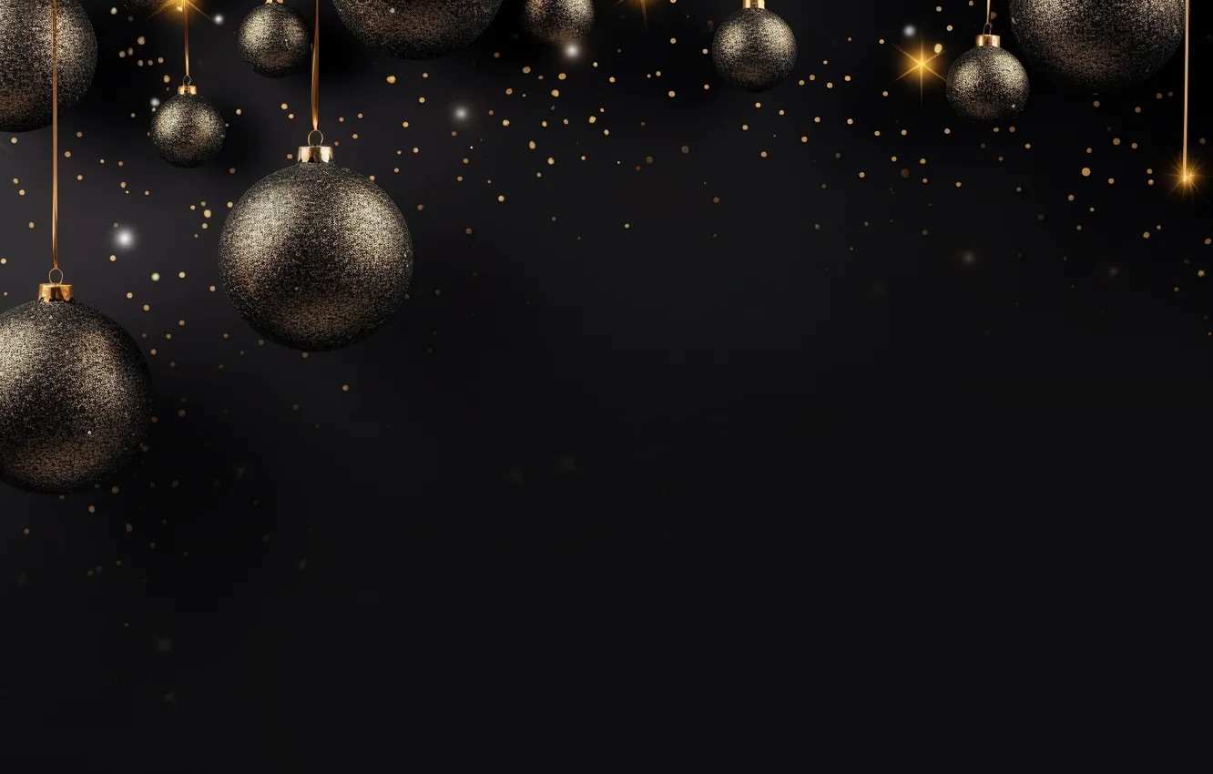 Фото обои украшения, темный фон, шары, новый год, Рождество, golden, black, Christmas