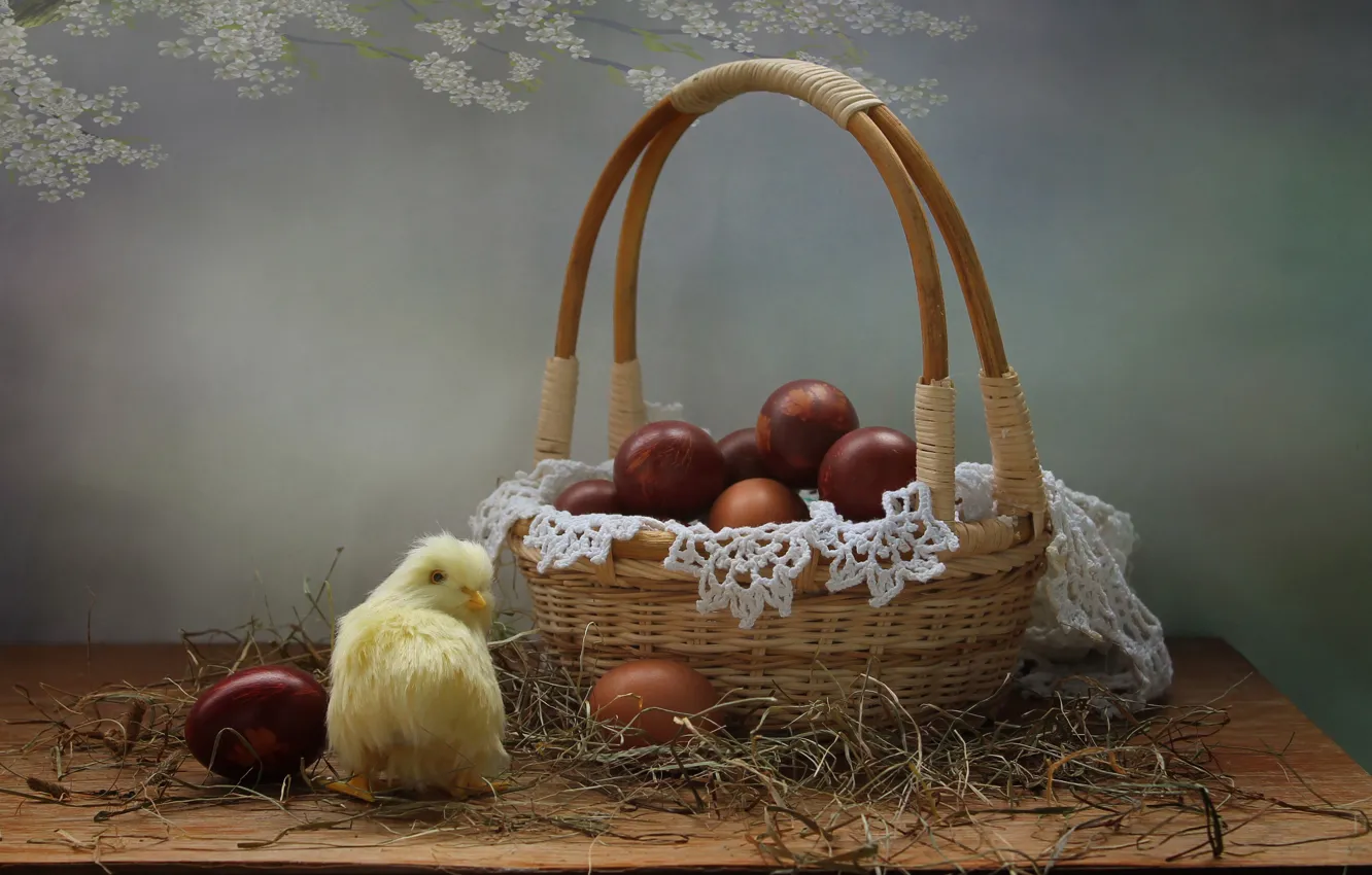 Фото обои корзина, яйца, весна, пасха, натюрморт, цыпленок