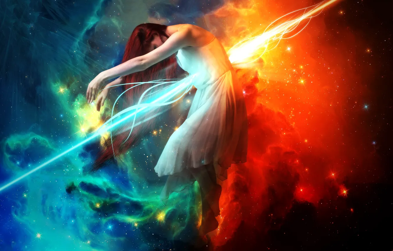 Фото обои космос, звезды, space, рыжие волосы, red hair, stars, blue and red, девушка в белом платье