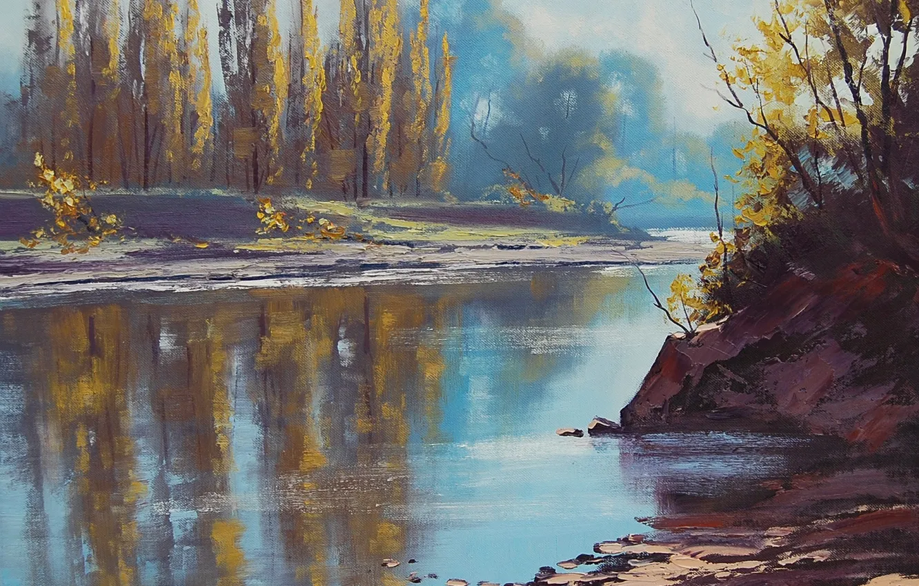 Фото обои осень, вода, деревья, природа, отражение, река, арт, artsaus
