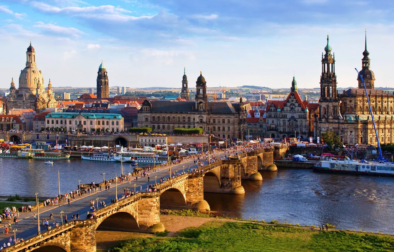 Фото обои мост, река, дома, Германия, Дрезден